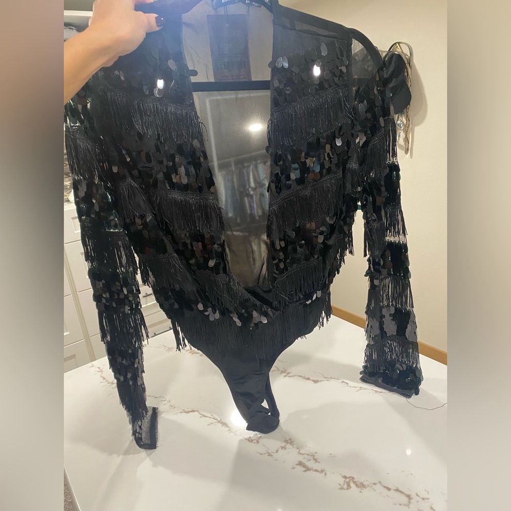 NWT black sequin sheer bodysuit